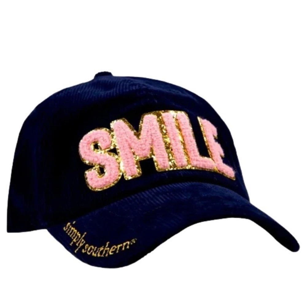 Simply‎ Southern Navy Corduroy Baseball Cap Pink Glitter Smile Logo Adjustable